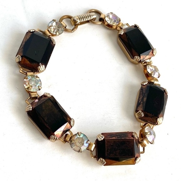 Vintage Root Beer Brown Rhinestone Bracelet Iridescent Aurora Borealis Crystal - Picture 4 of 8